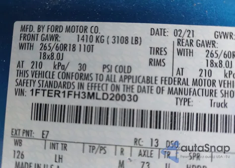 2021 Ford Ranger Xlt z USA, uszkodzony, nr VIN 1FTER1FH3MLD20030